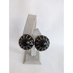 Vintage Donald Stannard Earrings Black Enamel Gold Tone Sunburst MCM Clip